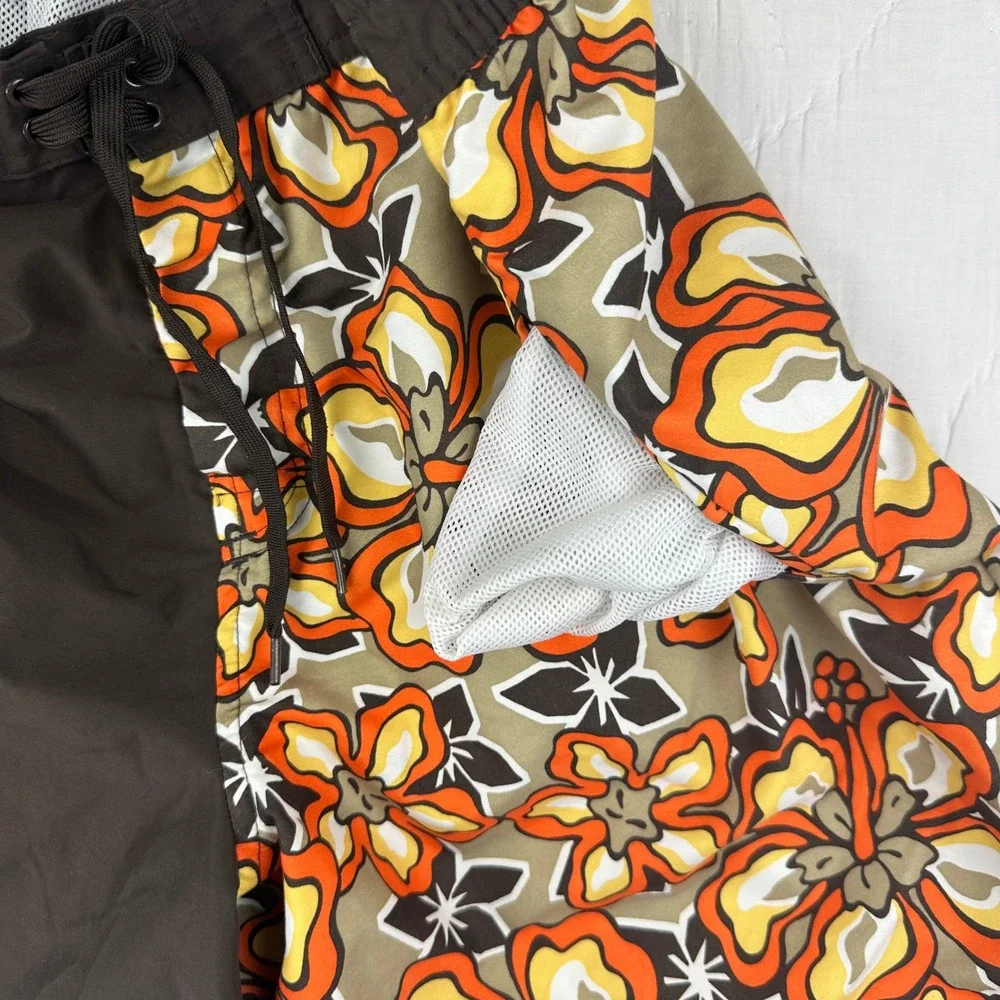 Old Navy Vintage Y2K‎ Board Shorts Mens XL Brown Floral Swim Trunks Split Design